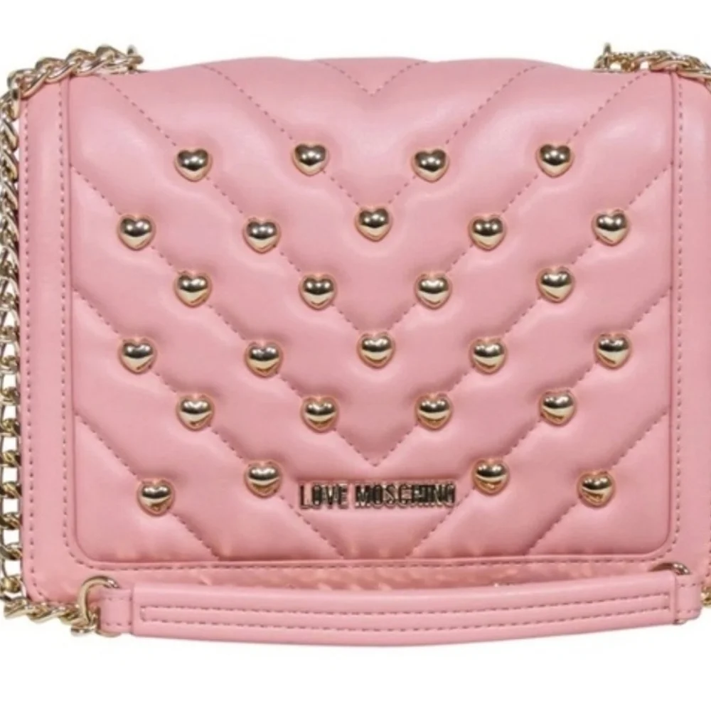 Love Moschino Borsa Pink Quilted Heart Stud Crossbody Bag.